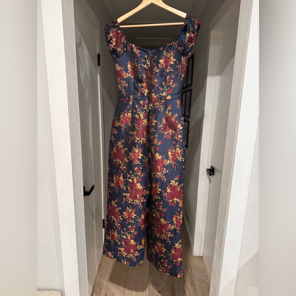 Lulus New Glam Midnight Blue Floral Jacquard Off-the-Shoulder Jumpsuit Sz S NEW - Picture 7 of 10